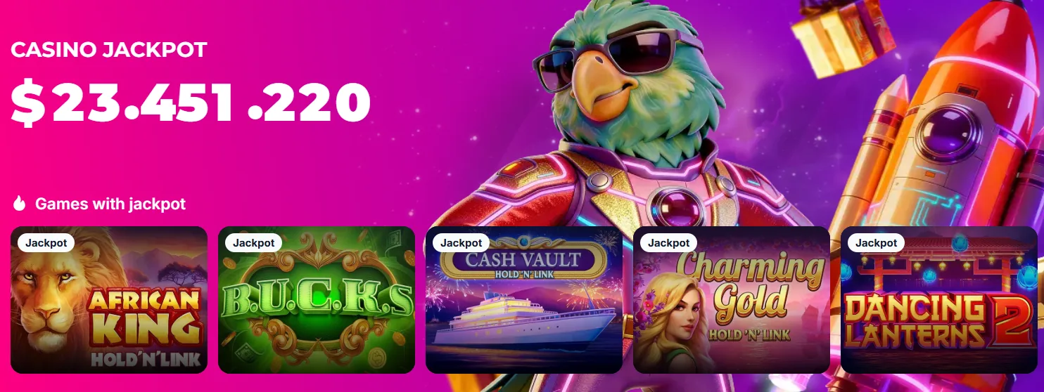 Casino Jackpot de Lukkly con juegos African King, B.U.C.K.S., Cash Vault, Charming Gold y Dancing Lanterns 2
