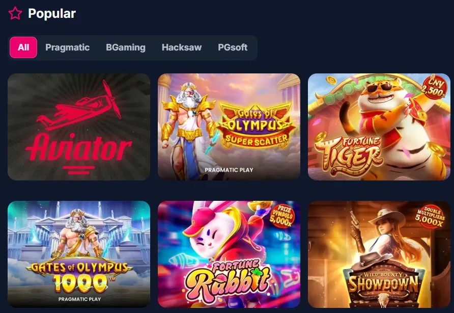 Sección de juegos populares de Lukkly con Aviator, Gates of Olympus Super Scatter, Fortune Tiger, Gates of Olympus 1000 y Fortune Rabbit